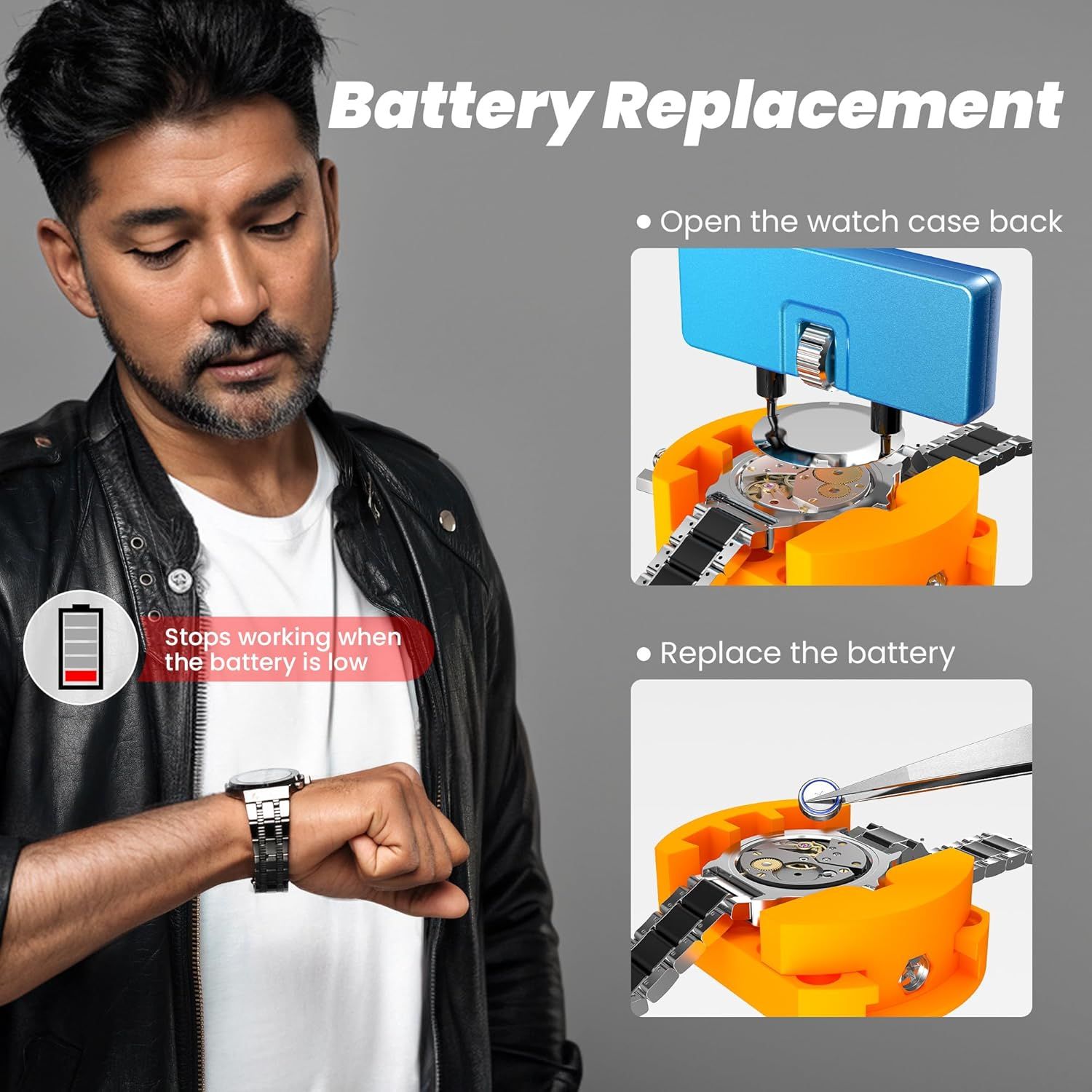 Provides step-by-step visual instructions on how to replace the watch battery, reassuring shoppers that the process is straightforward and manageable. Highlights that the watch stops working when…
