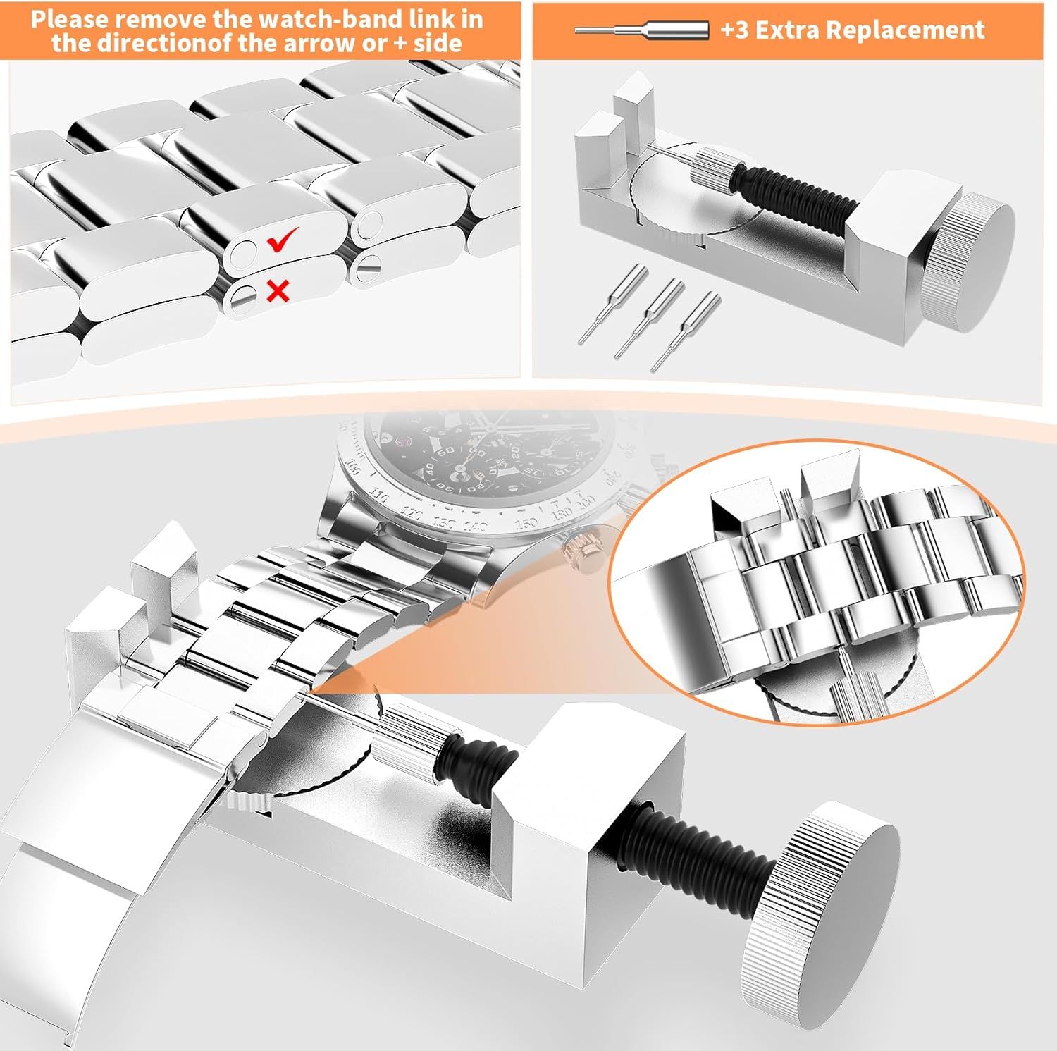 Demonstrates step-by-step how to remove watch band links using the included tool, showing proper technique and what's included to help shoppers understand the adjustment process. Shows that the…