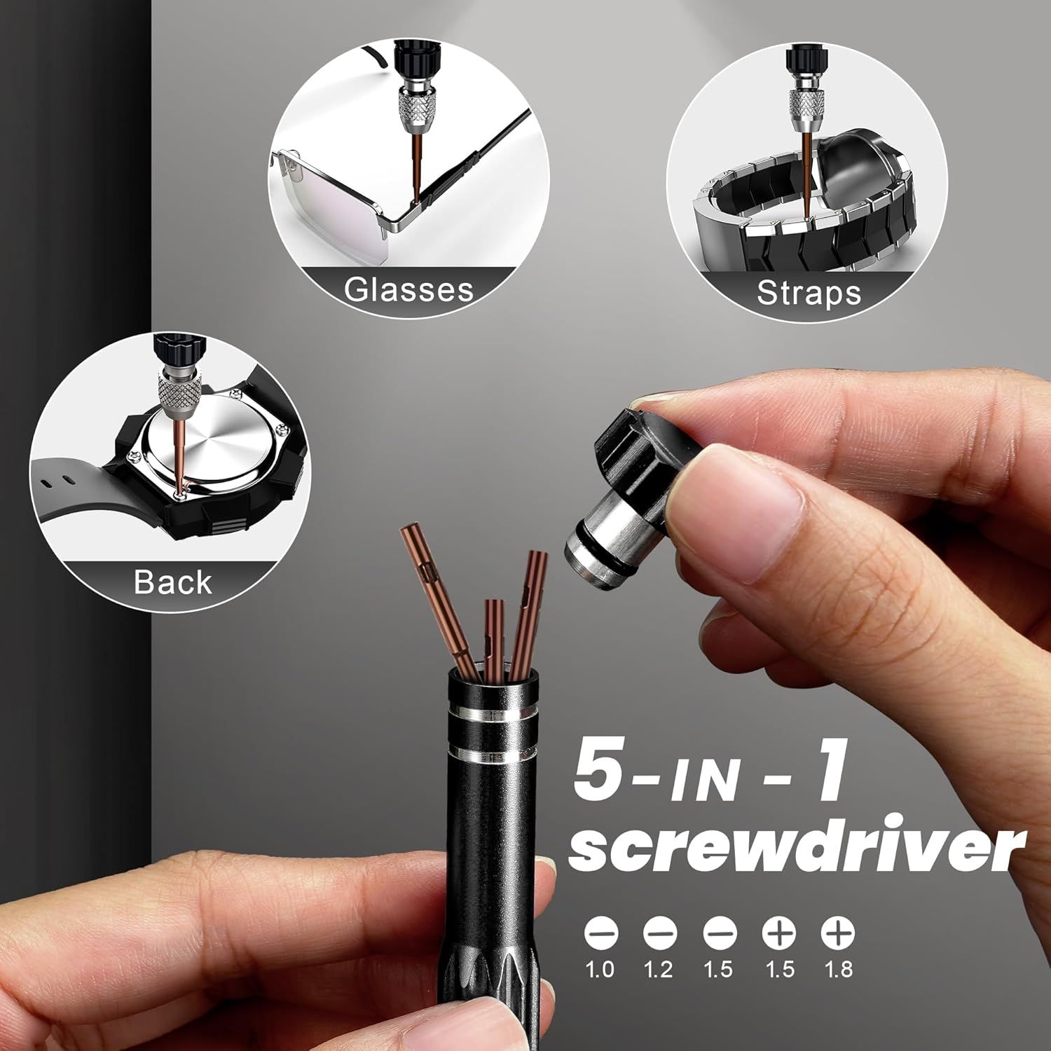 Demonstrates the versatility of the 5-in-1 screwdriver by showing multiple use cases including repairing glasses, watch straps, and watch backs, reassuring shoppers of its broad utility. Highlights…