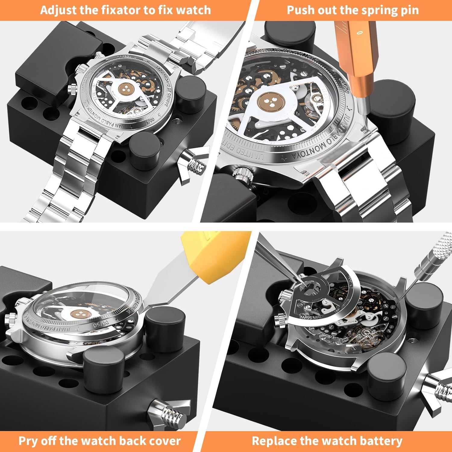 This image provides step-by-step instructions for watch repair and maintenance, showing shoppers how to use the watch repair tool kit to adjust, disassemble, and service watches.