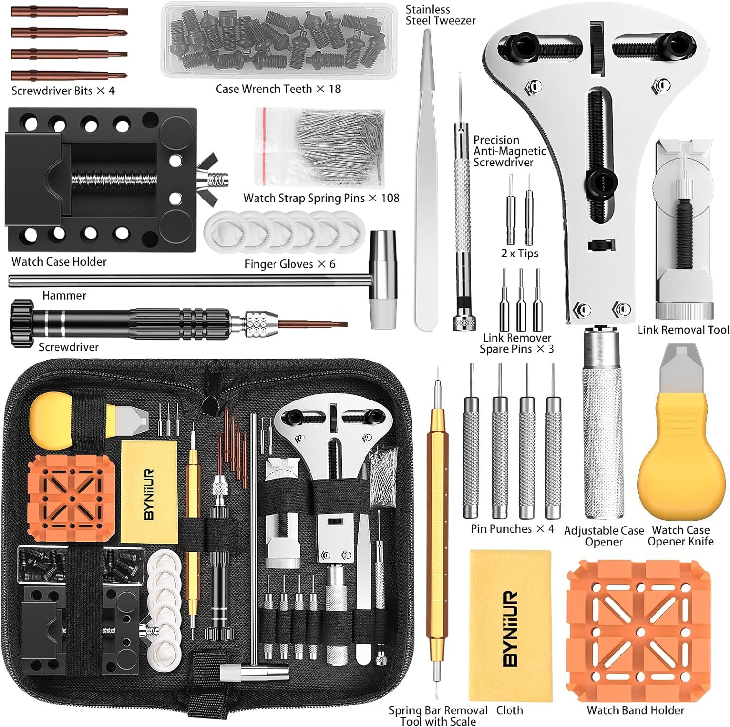 Shows the customer everything included in the watch repair kit purchase, demonstrating the comprehensive value and variety of tools they will receive.