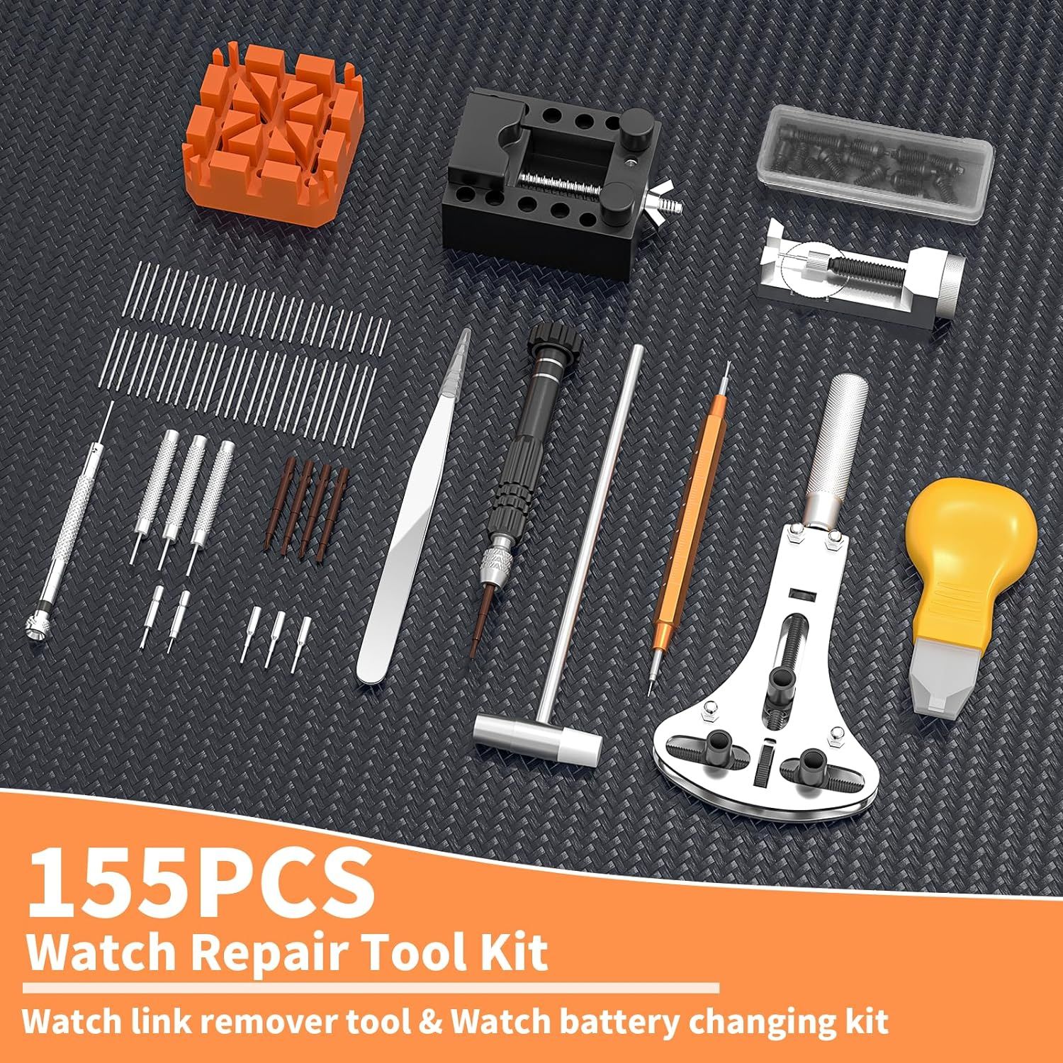 Shows the complete set of tools and accessories included in the watch repair kit to demonstrate the comprehensive value and variety of items the customer receives.