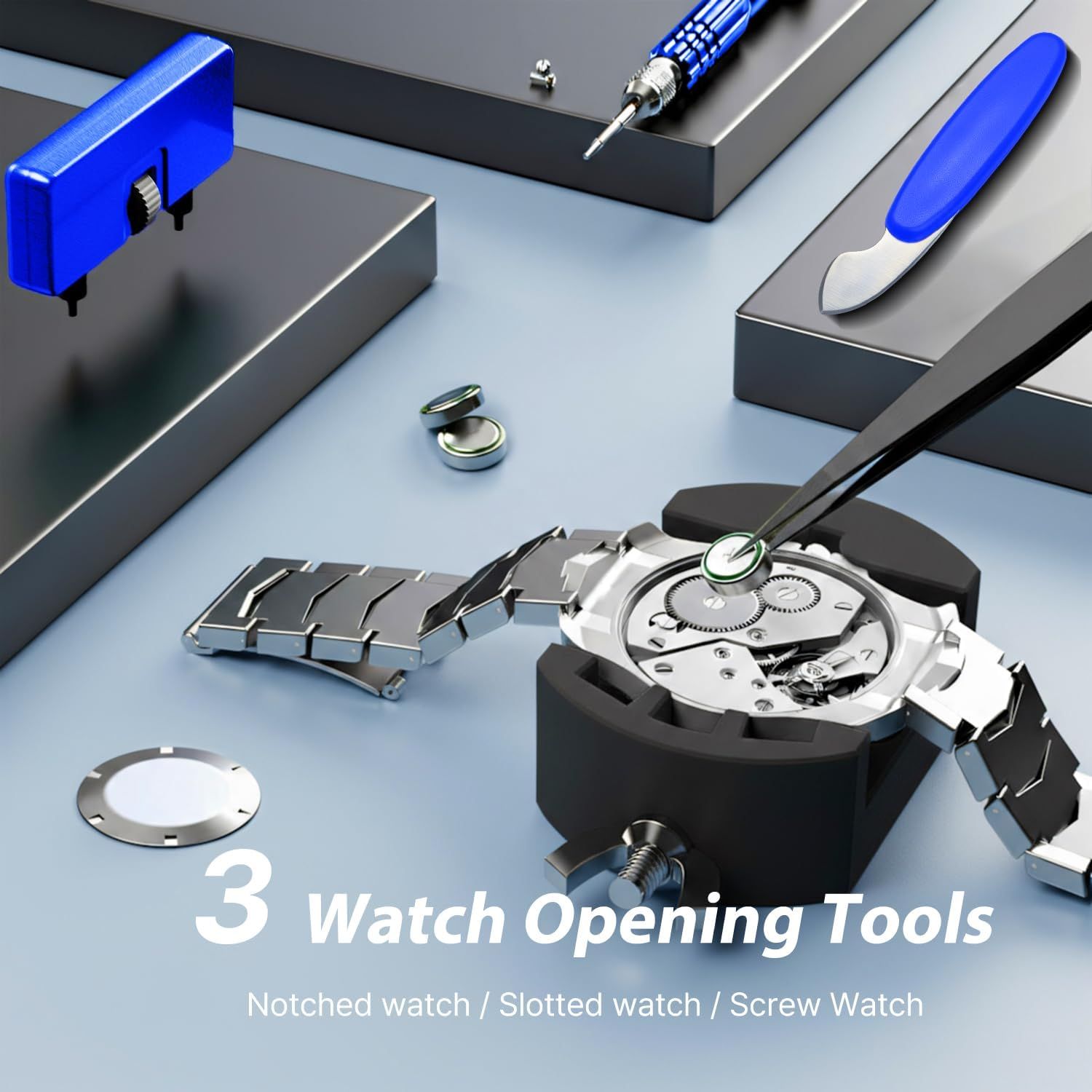 Shows the customer all the tools included in the kit for opening different types of watches (notched, slotted, and screw watches), demonstrating the completeness and versatility of the repair toolkit.