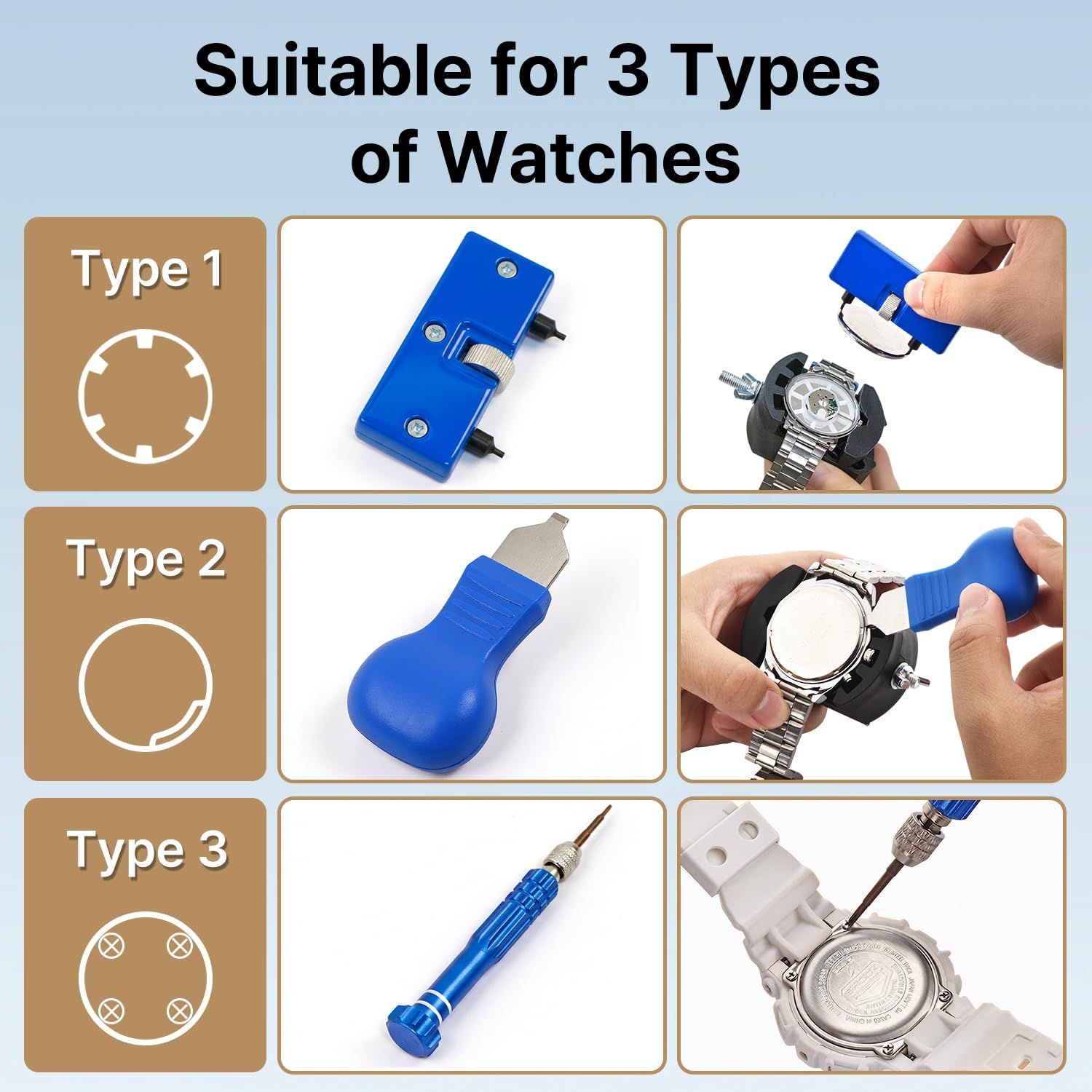 Demonstrates that the watch tool is compatible with three different watch back types, showing shoppers the versatility and broad applicability of the product.