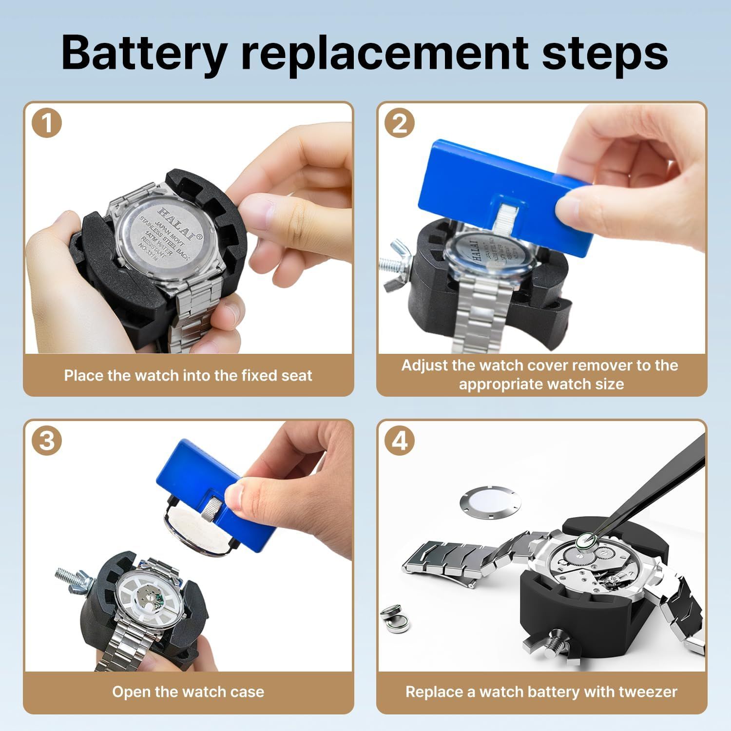 Provides step-by-step visual instructions to guide customers through the process of replacing a watch battery using the included tool kit, reducing confusion and increasing confidence in product use.
