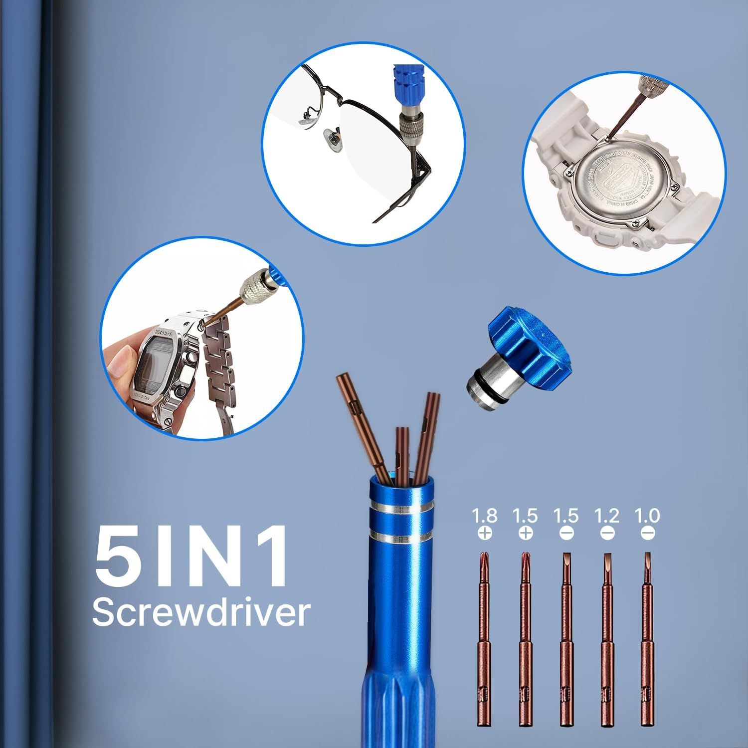 Demonstrates the screwdriver's versatility by showing it can be used for multiple applications including eyeglasses repair, watch repair, and electronics repair, reassuring shoppers of its broad…