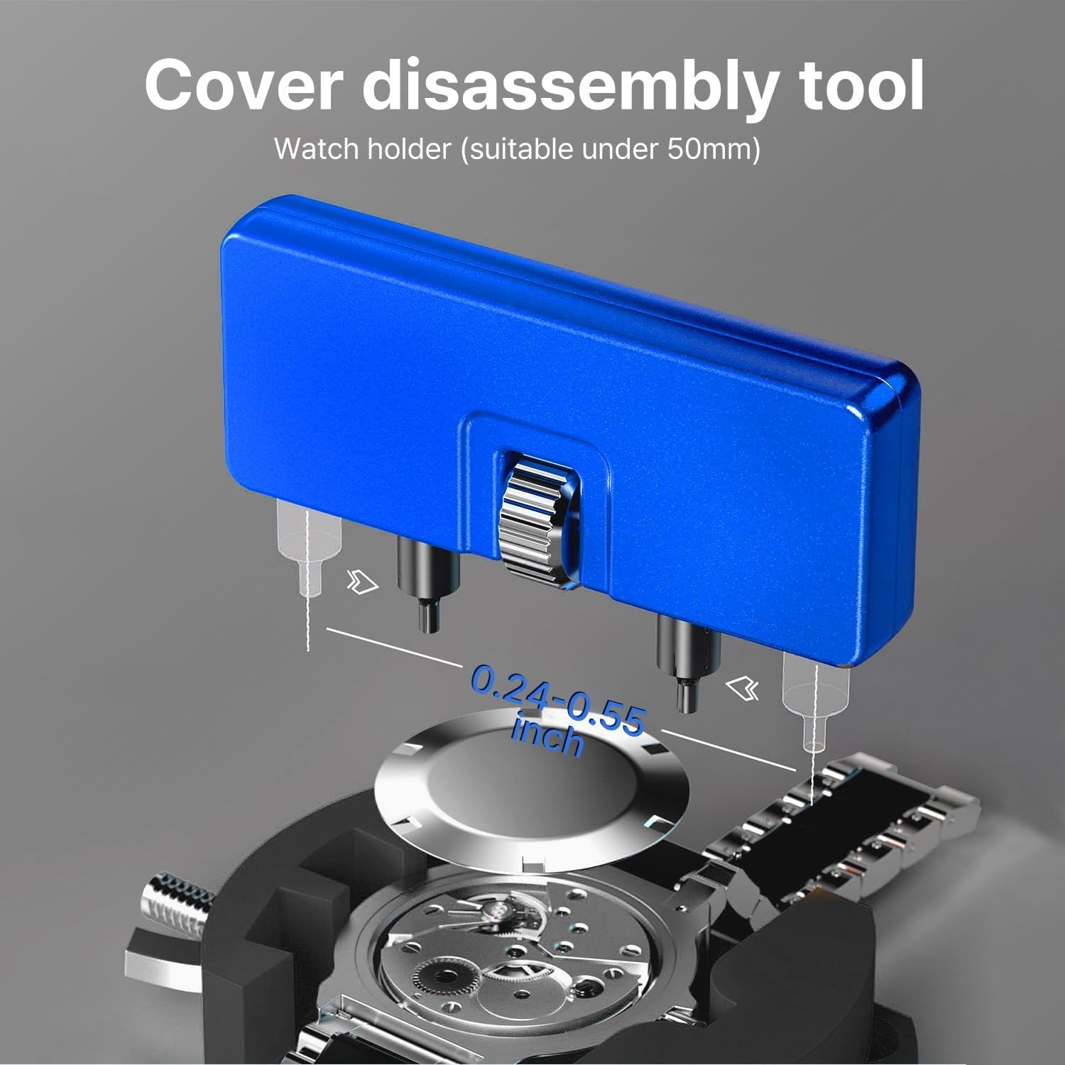 Demonstrates how to use the cover disassembly tool to remove watch backs, showing the tool's positioning and compatibility with watches under 50mm. Communicates the specific size range (0.24-0.55…