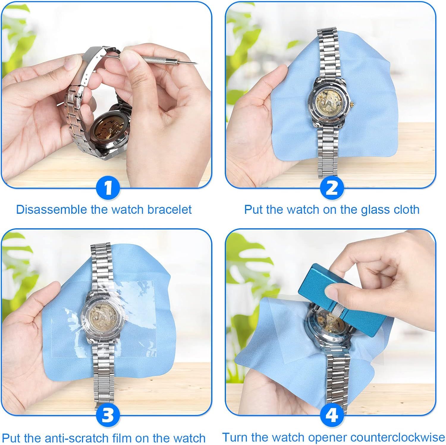 This image provides step-by-step instructions on how to disassemble, clean, and apply protective film to a watch, helping shoppers understand the maintenance process and ease of care.