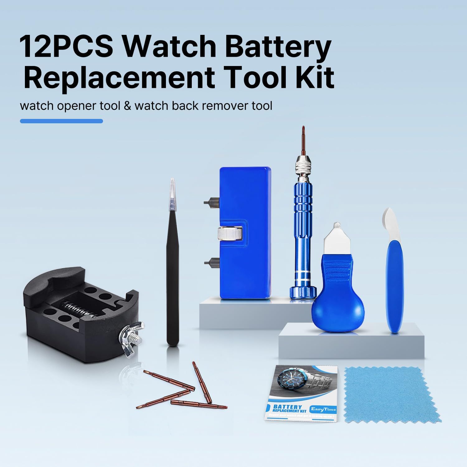 Shows all the tools and accessories included in the watch battery replacement kit to help shoppers understand the complete value and functionality of the bundle.