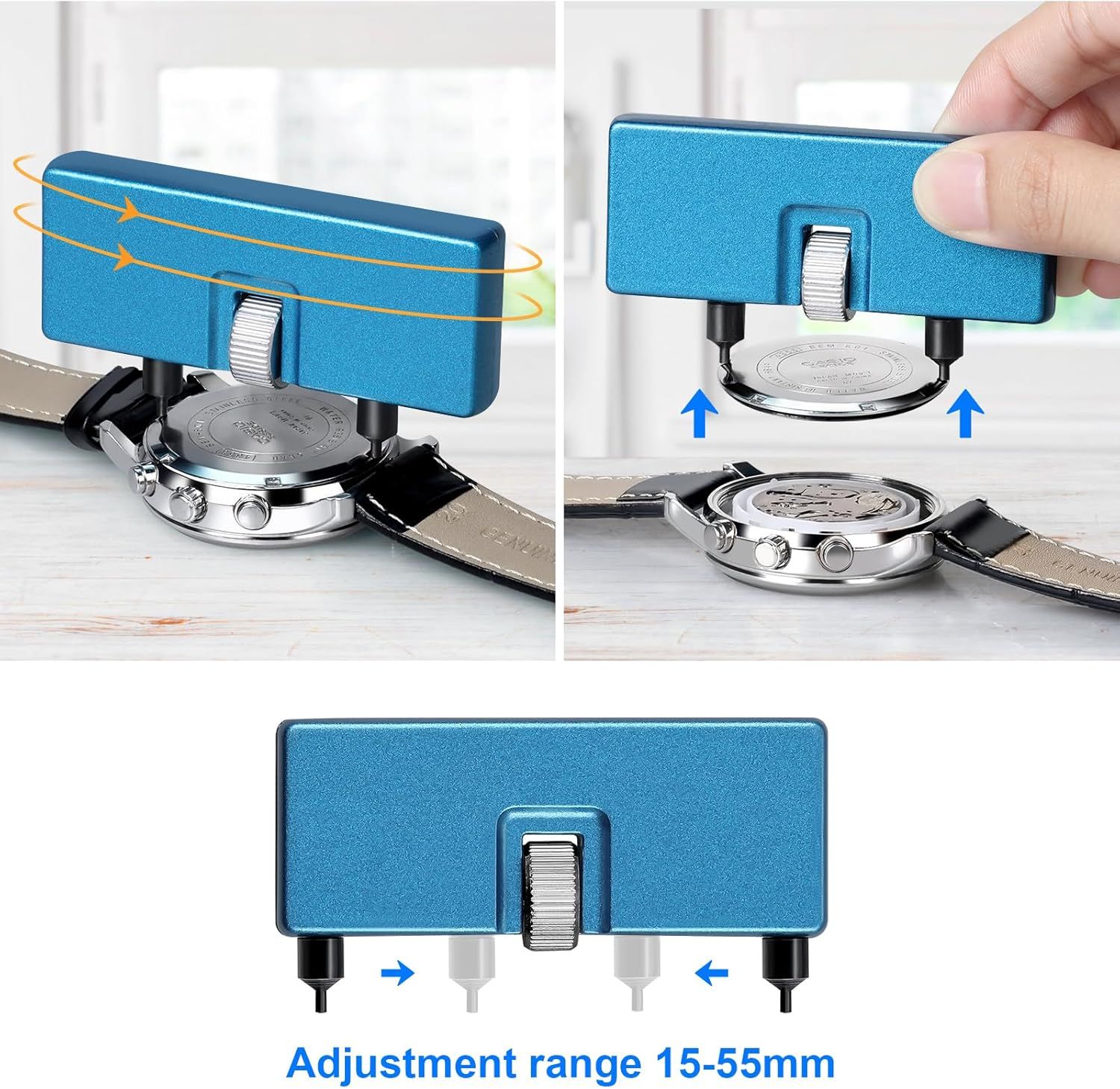 Demonstrates how to use the watch back removal tool by showing the rotation mechanism and pressing action, reassuring shoppers that the tool is simple to operate. Highlights the adjustable range…