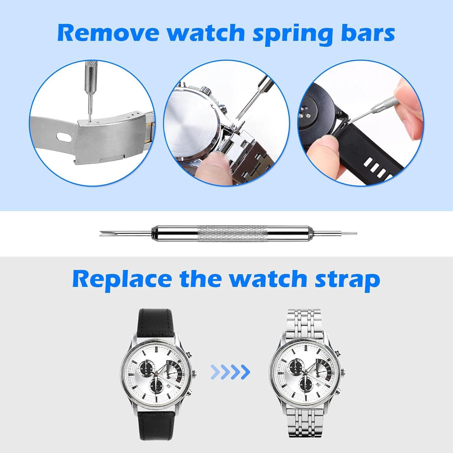 This image provides step-by-step visual instructions showing shoppers how to use the tool to remove watch spring bars and replace watch straps, demonstrating the product's ease of use and practical…