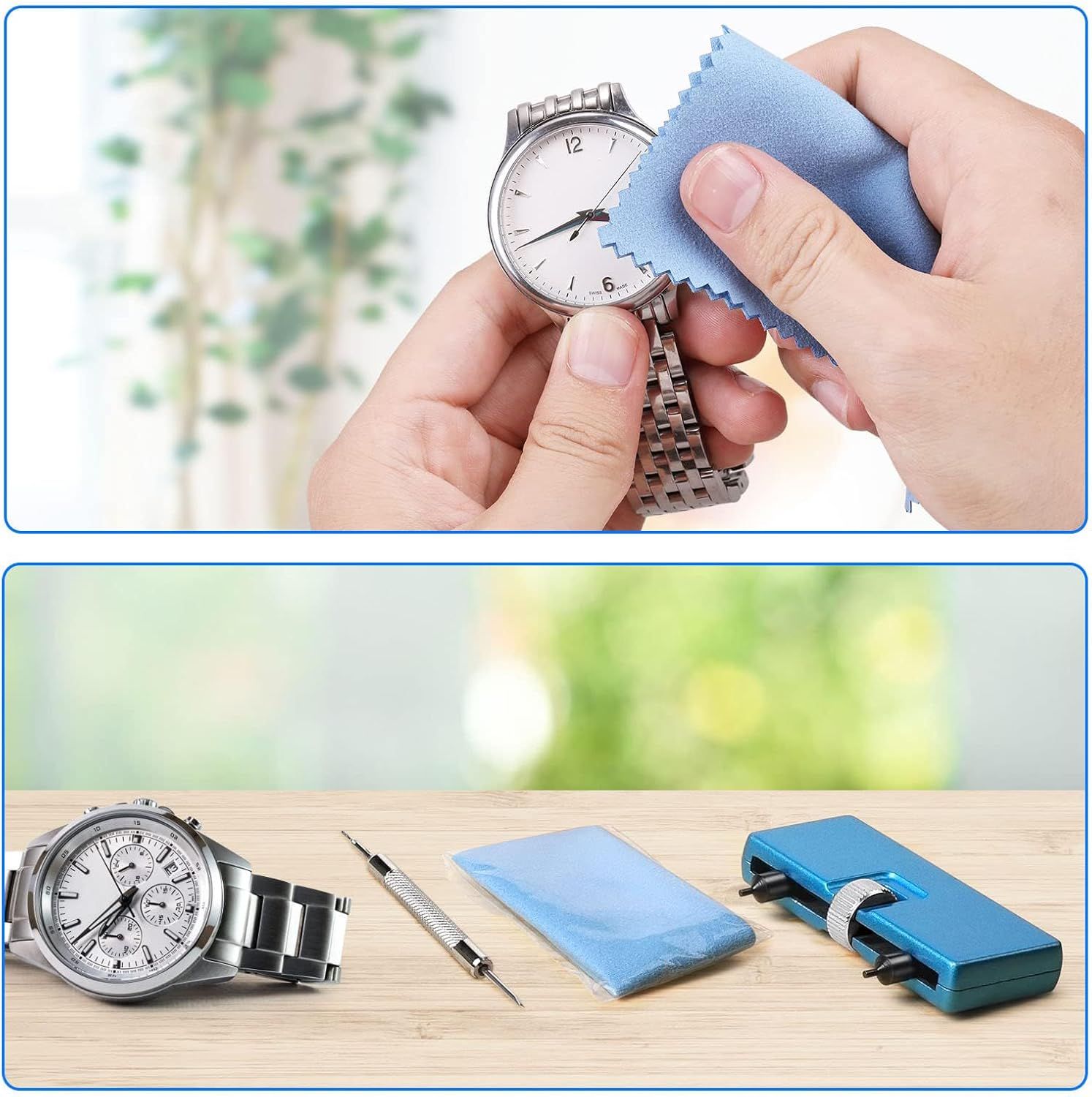 Shows the customer everything included with the watch purchase, including maintenance tools and cleaning accessories to care for their timepiece.