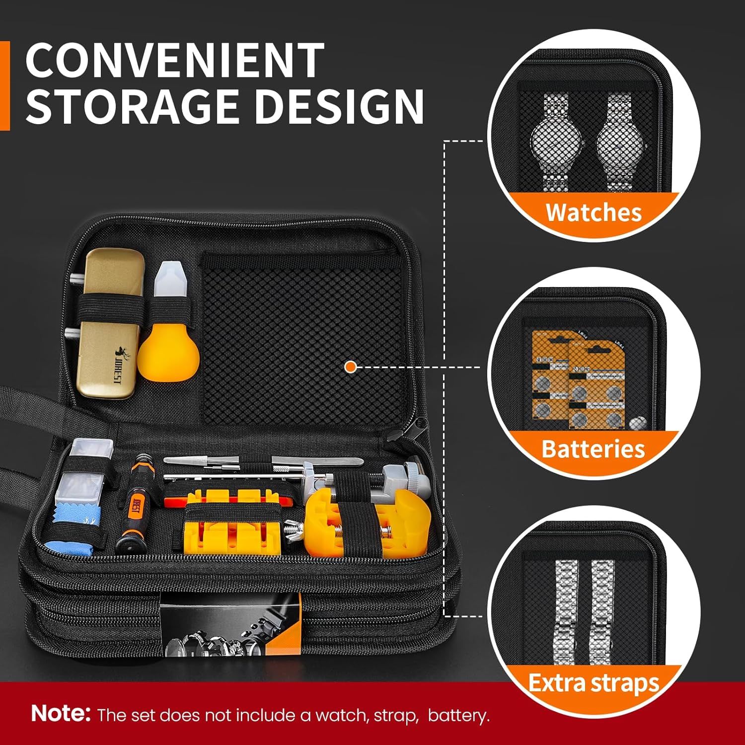 Breaks down the internal organization of the storage case to show shoppers how different watch accessories and tools can be neatly organized in dedicated compartments. Shows all the tools and…