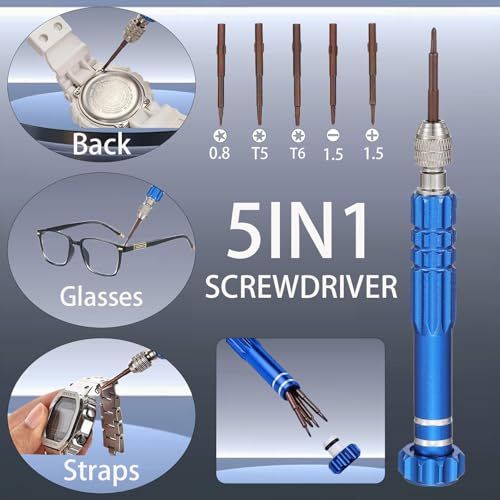 Demonstrates the versatility of the 5-in-1 screwdriver by showing multiple repair applications including eyeglasses, watch straps, and device back panels to communicate its multi-purpose utility.…