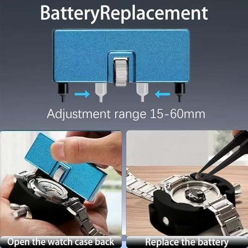 Demonstrates the step-by-step process for replacing a watch battery, showing shoppers how to use the tool to open the watch case back and perform the replacement. Shows the tool's adjustable range…