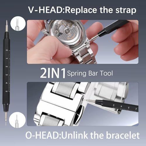 Demonstrates the two primary functions of this 2-in-1 watch tool, showing shoppers how to use the V-head for strap replacement and O-head for bracelet unlinking. Highlights the versatility of the…