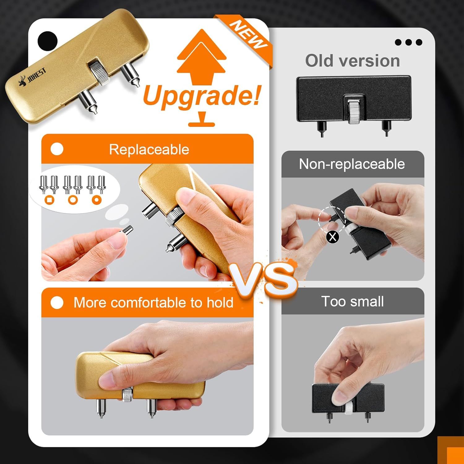 Demonstrates the superiority of the new upgraded product over the old version by highlighting replaceable tips, better ergonomics, and more comfortable size.
