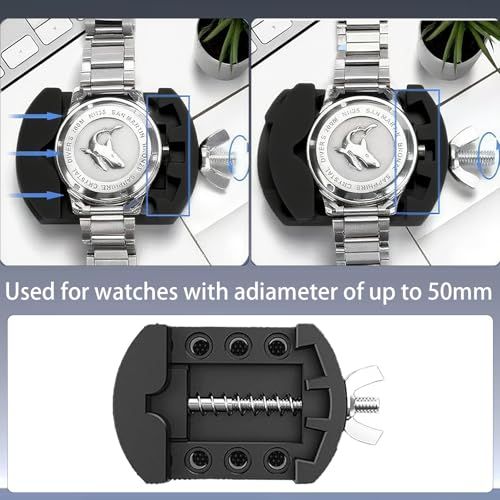 Demonstrates how to use the watch adjustment tool by showing the watch positioned in the device, helping shoppers understand the setup and operation process. Communicates the physical size…