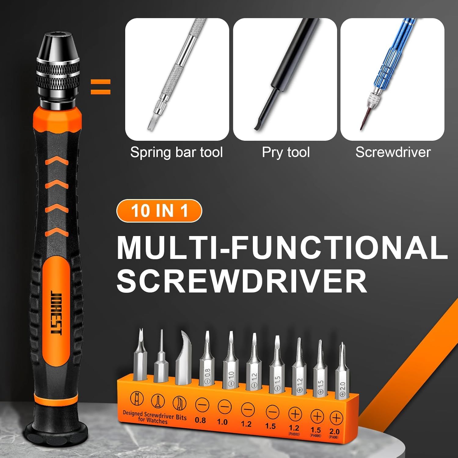 Shows the customer everything included in the purchase: a multi-functional screwdriver handle with 10 different tool bits and accessories, demonstrating the complete value of the kit.