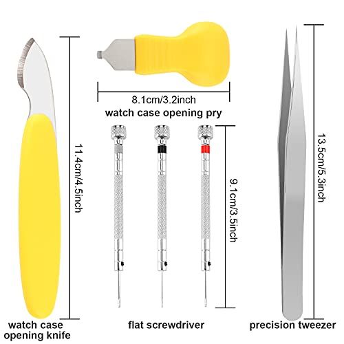 Shows all the tools included in the watch repair kit with precise measurements to help shoppers understand exactly what they're receiving and the size of each tool.