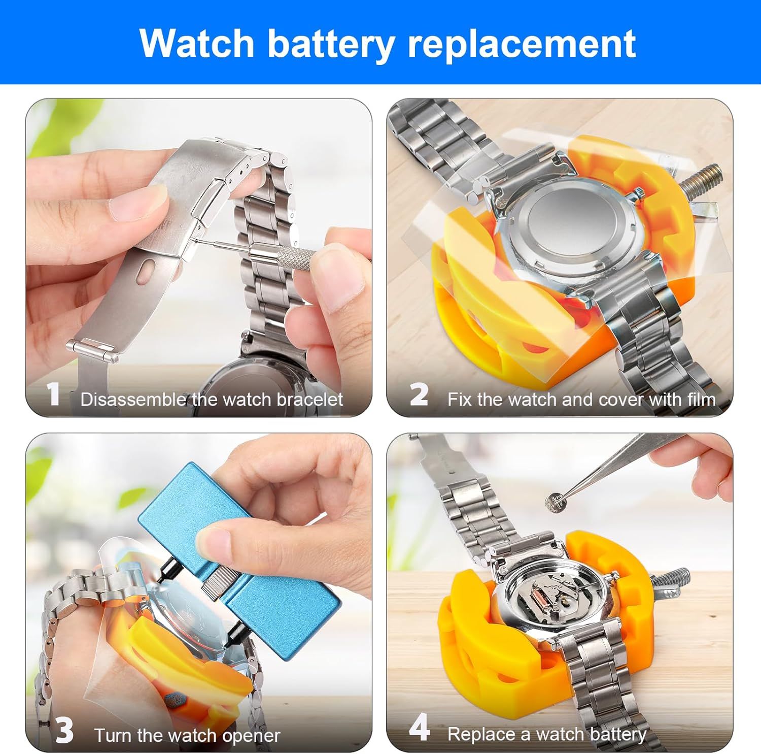 This image provides step-by-step instructions on how to replace a watch battery, guiding shoppers through the disassembly, preparation, opening, and battery replacement process to demonstrate ease…