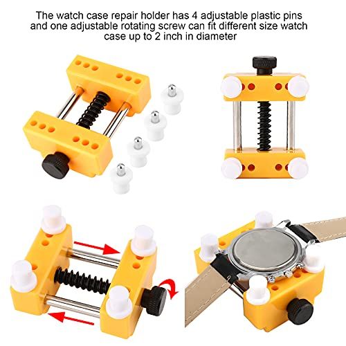 Demonstrates how to use the watch case repair holder by showing multiple views and adjustment methods, including the adjustable pins and rotating screw mechanism to fit different watch sizes. Breaks…