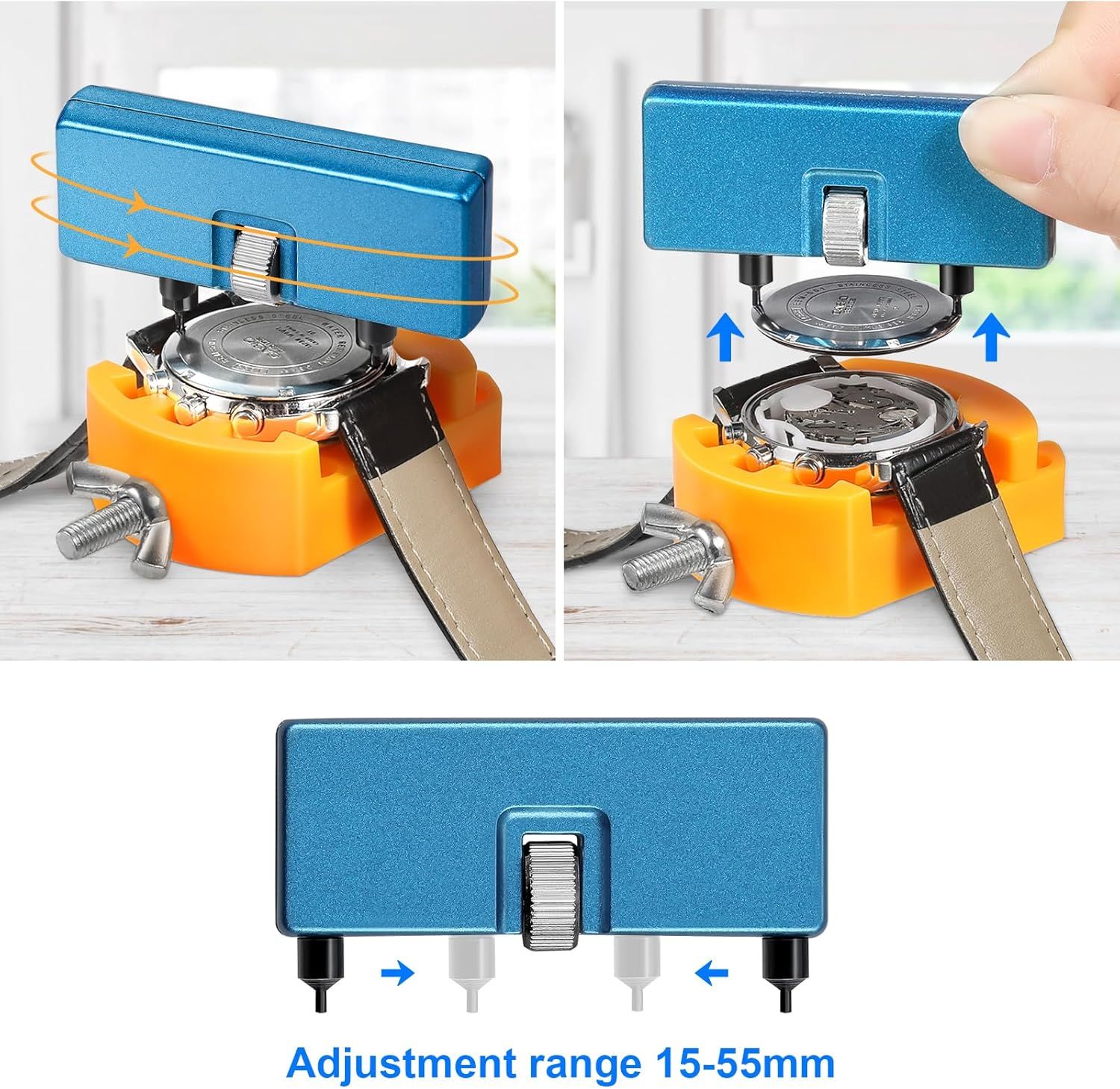 Demonstrates how to use the watch back removal tool by showing the adjustment mechanism and step-by-step operation, reassuring shoppers that the tool is easy to set up and use for different watch…