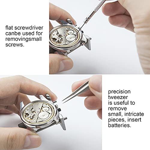 Demonstrates how to use the included tools (flat screwdriver and precision tweezer) for watch repair and maintenance tasks, reassuring shoppers about ease of use and practical applications. Shows…