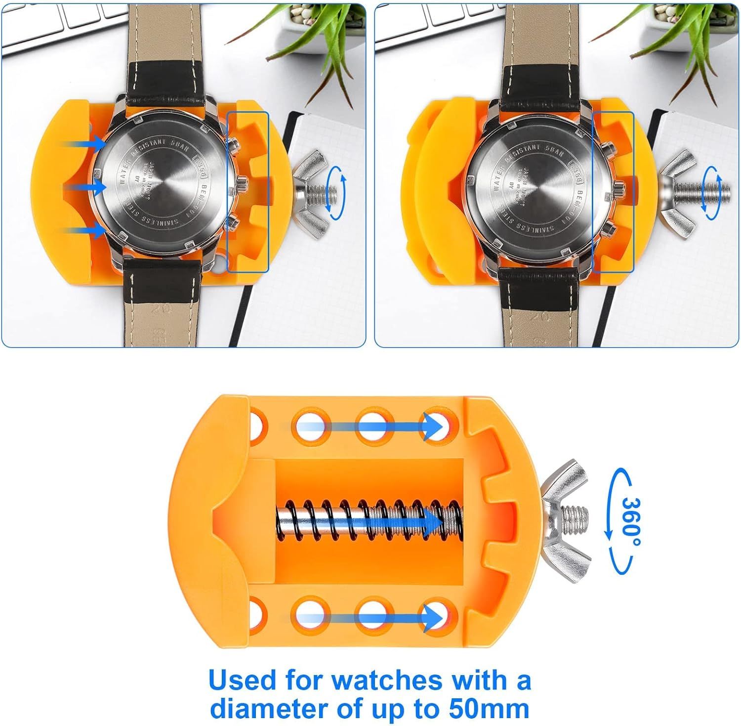 Demonstrates how to use the orange watch band adjustment tool to hold and work on watches, showing the step-by-step process and compatibility with watches up to 50mm diameter. Shows the tool's…