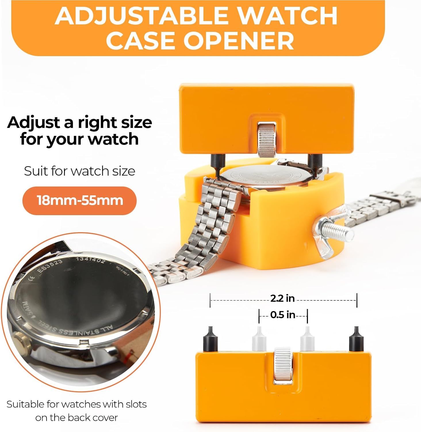 Communicates the physical dimensions of the watch case opener tool (2.2 in x 0.5 in) and its compatibility range (18mm-55mm watch sizes) to help shoppers understand if it will fit their watch.…