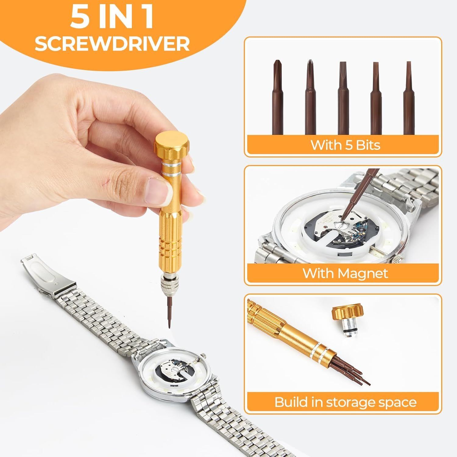 Communicates the multi-functional nature of the screwdriver by highlighting three distinct benefits in a segmented layout: versatility with 5 bits, magnetic functionality for precision work, and…