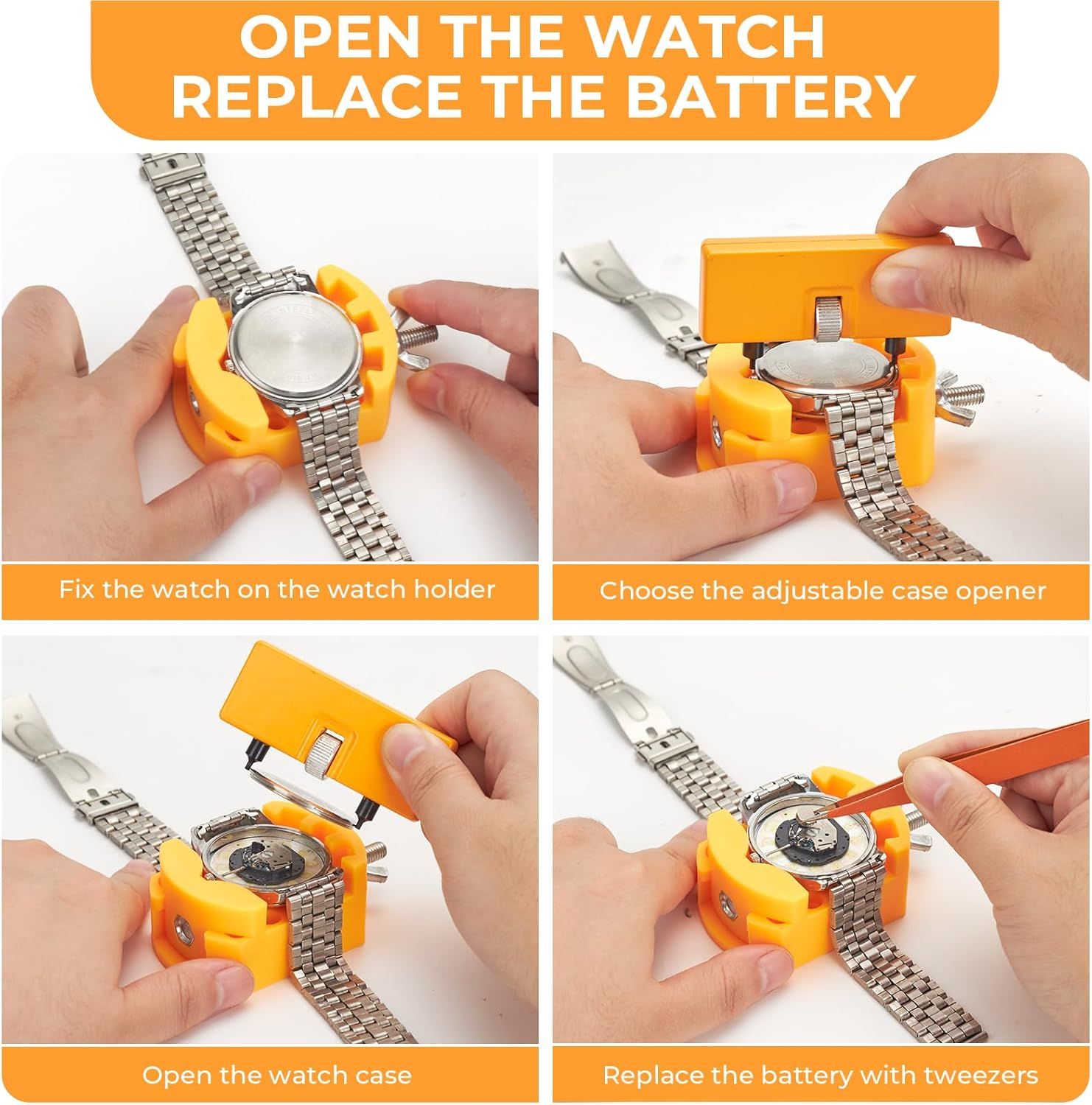 Provides step-by-step instructions on how to open a watch and replace its battery using the included tool kit, reassuring shoppers that the process is simple and accessible.