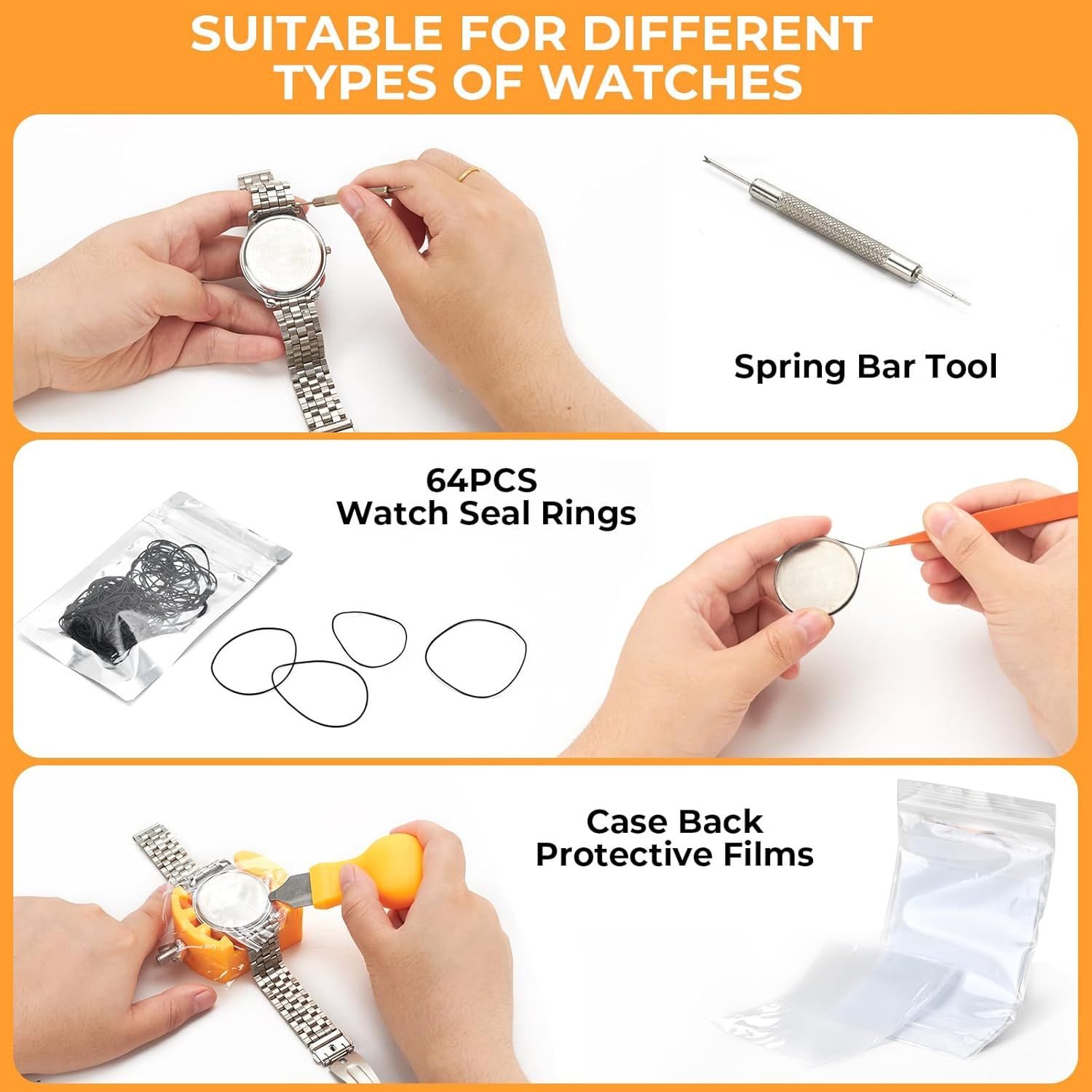 Shows all the accessories and tools included in the watch repair kit to reassure shoppers they're getting a complete set for different types of watches.