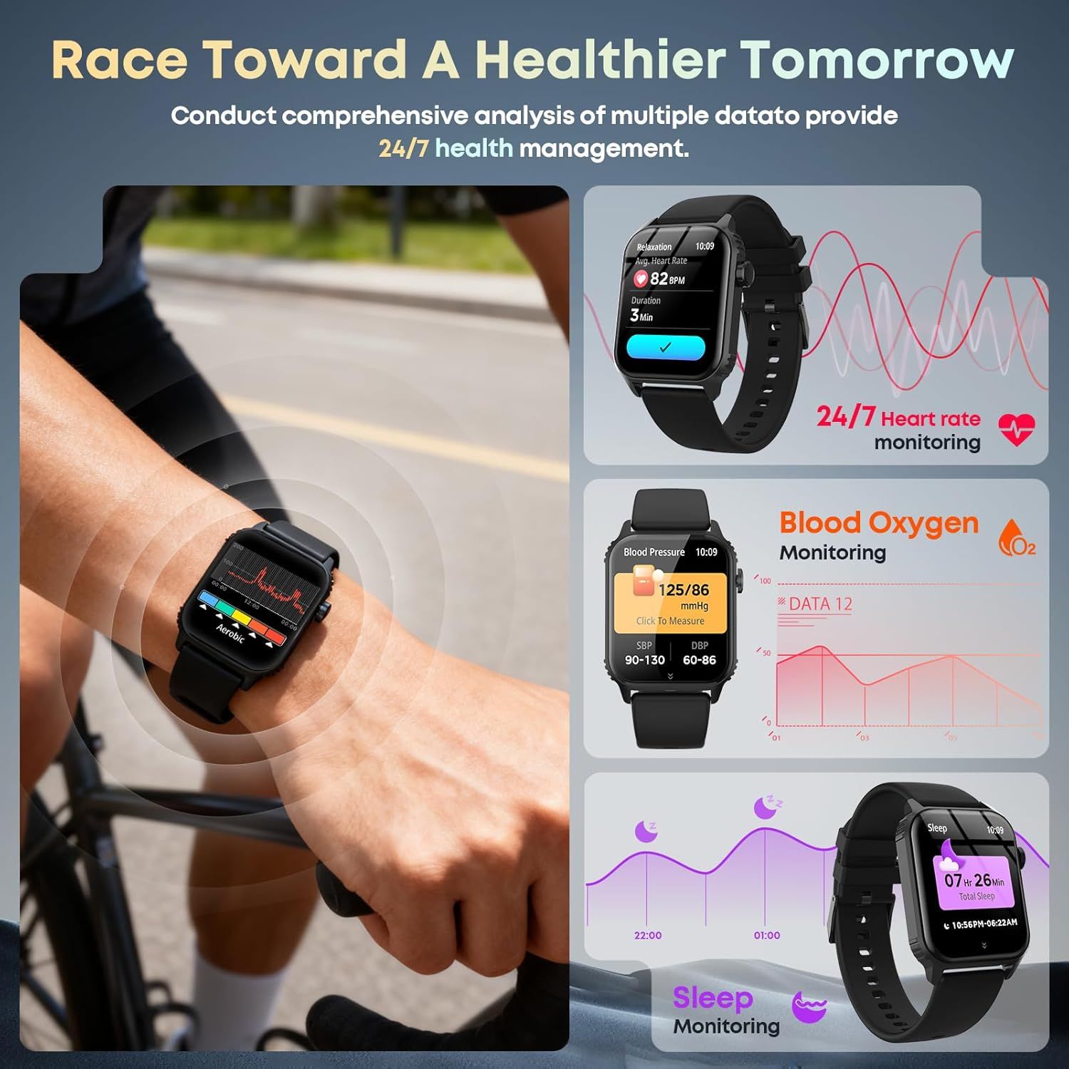 Showcases the smartwatch's comprehensive health tracking capabilities across multiple metrics to demonstrate its value as a complete health management device.