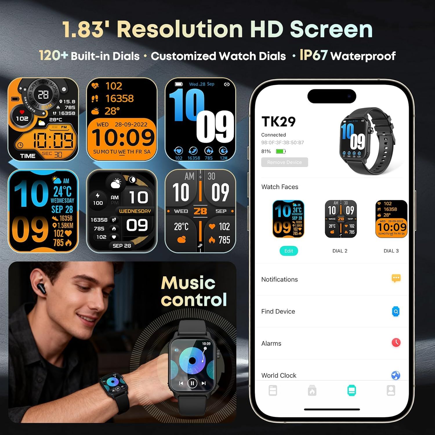 Showcases multiple key features of the smartwatch including the high-resolution display, customizable watch faces, waterproof rating, music control capability, and smartphone app integration to…