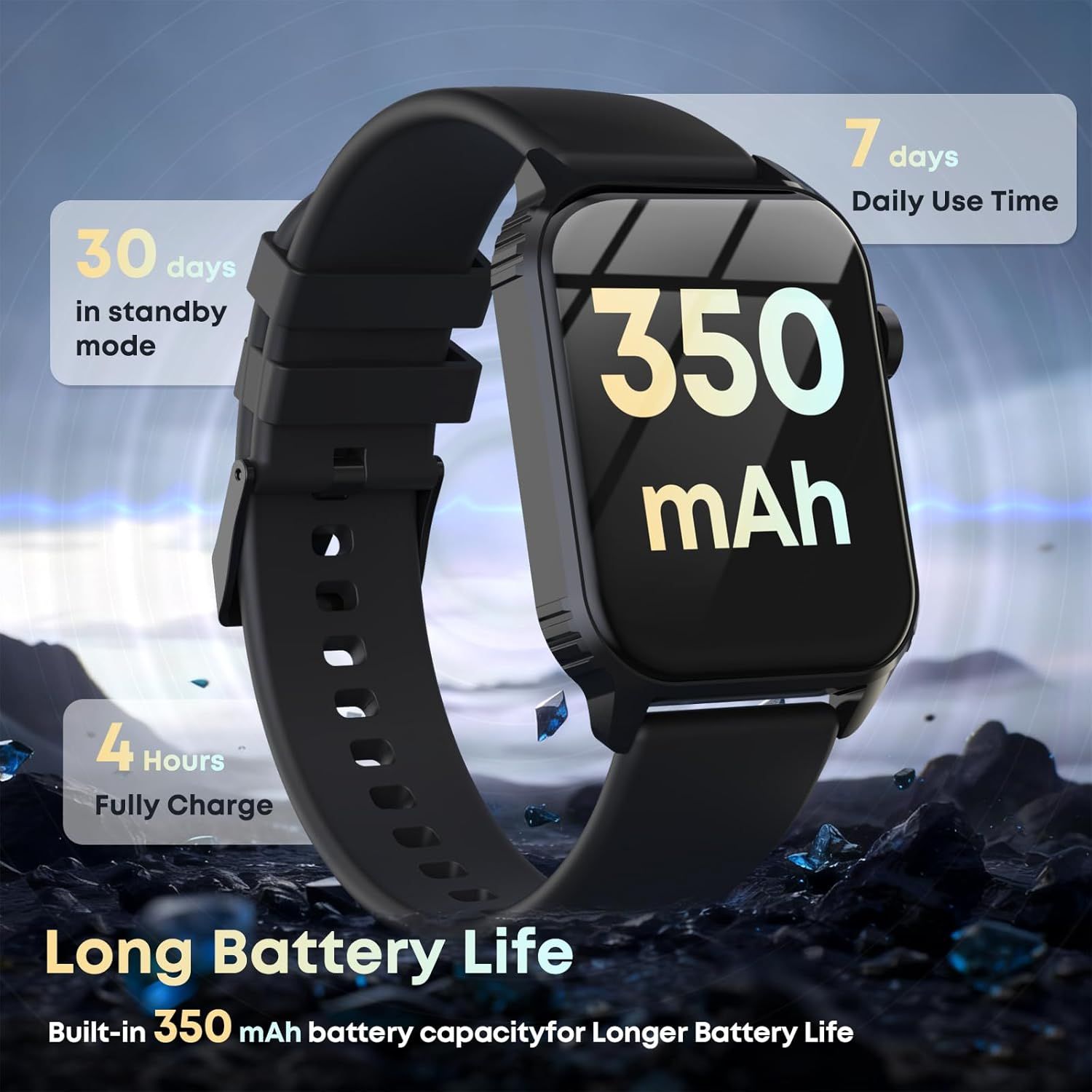 Communicates the smartwatch's impressive battery performance with specific metrics (350 mAh capacity, 7 days daily use, 30 days standby, 4 hours charge time) to reassure shoppers about long-lasting…
