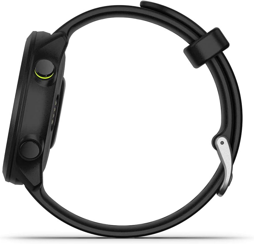 Provides a clean, catalog-style view of the smartwatch from the side profile to show the product design, buttons, and band construction without distractions.