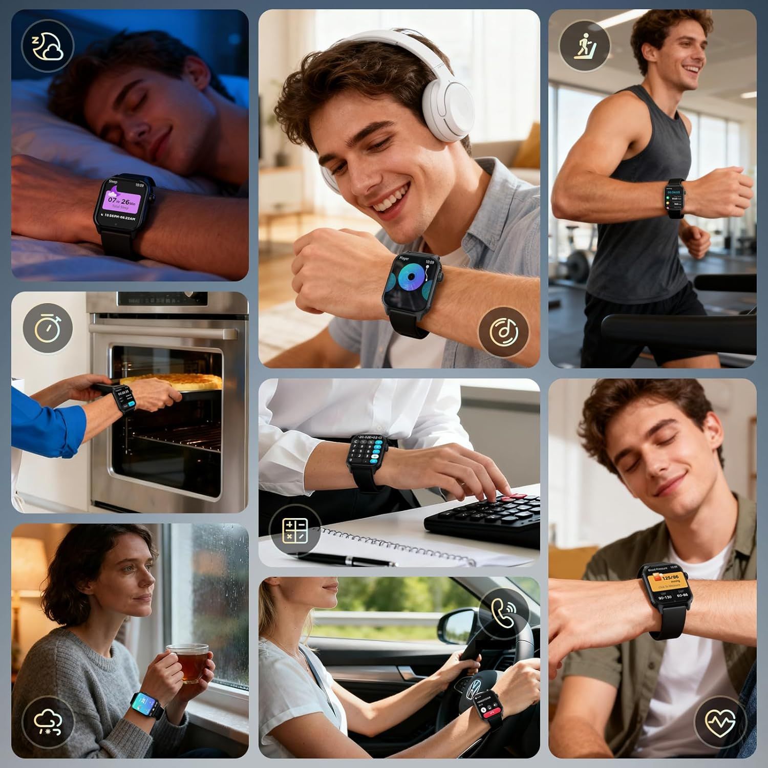 Demonstrates the smartwatch's versatility by showing it can be used across many different daily scenarios—sleep, exercise, work, cooking, entertainment, driving, and relaxation—to reassure shoppers…