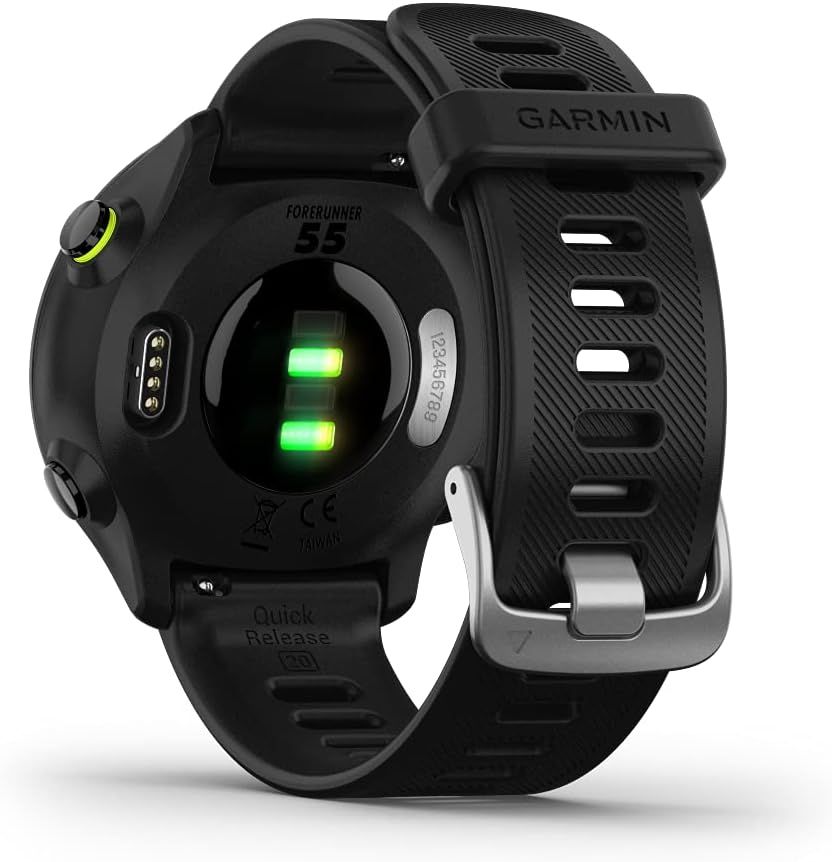 Displays the back of the Garmin Forerunner 55 watch showing the heart rate sensor, charging port, and strap design to give shoppers a complete view of the product's physical appearance and features.