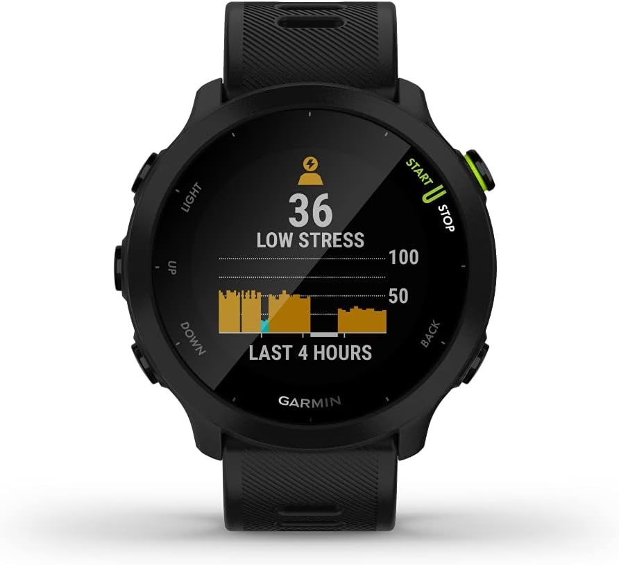 Demonstrates the smartwatch's stress tracking capability, showing real-time stress level monitoring with a clear visual graph to reassure shoppers about health and wellness features.