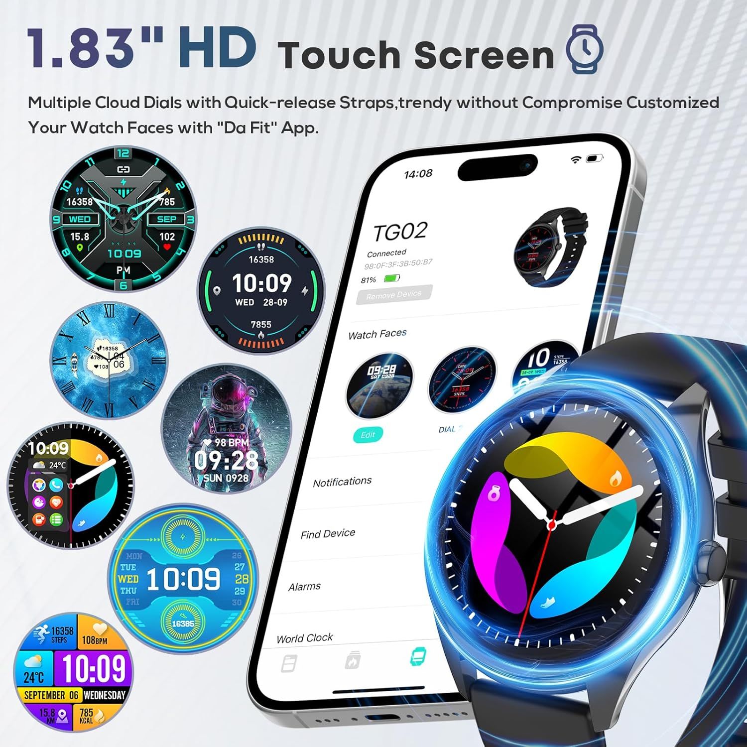 Highlights the smartwatch's 1.83-inch HD touch screen and the ability to customize watch faces through the Da Fit app, emphasizing personalization and modern design options.