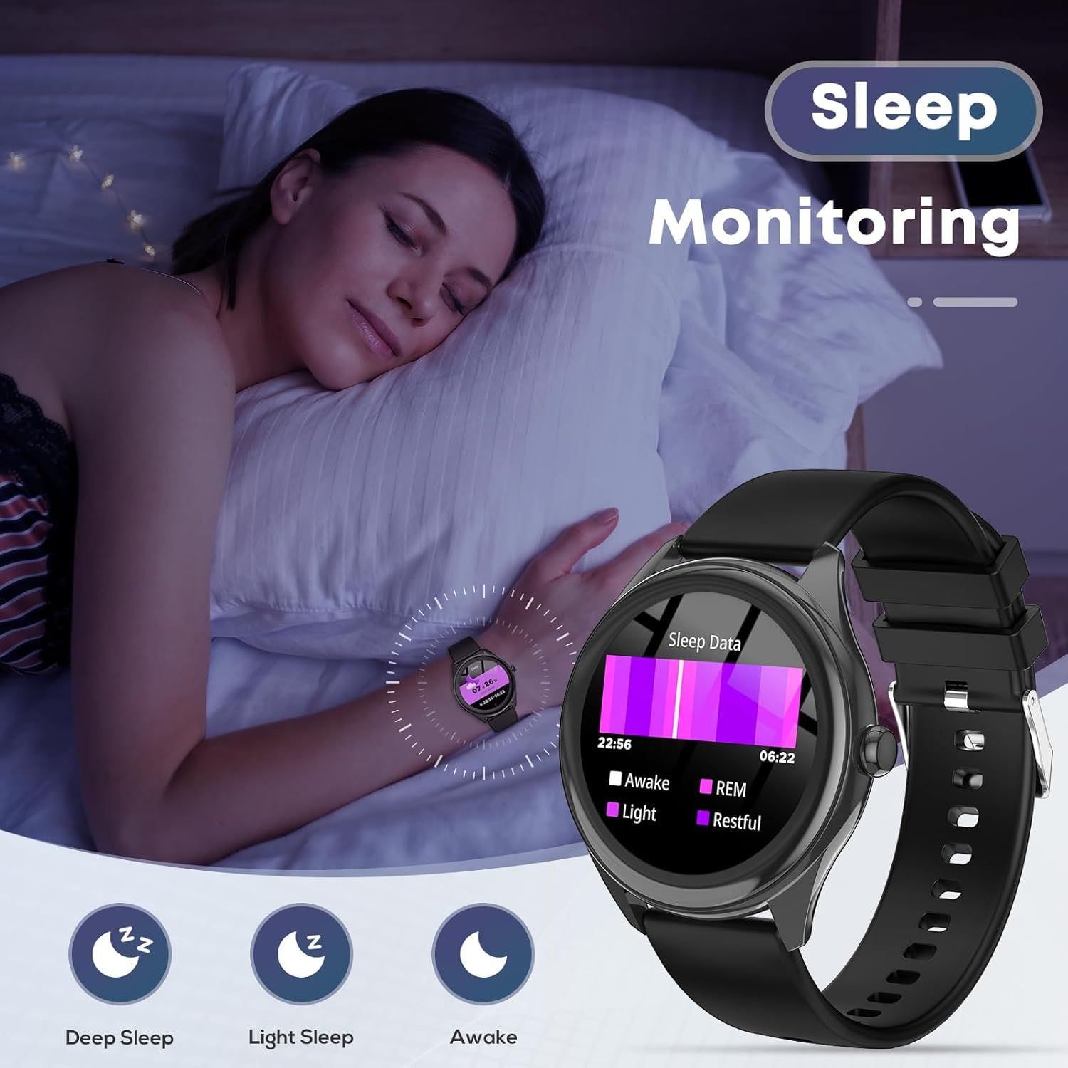 Demonstrates the smartwatch's sleep tracking capability, showing how it monitors and categorizes different sleep stages (Awake, Light, REM, Restful) to help users understand and improve their sleep…