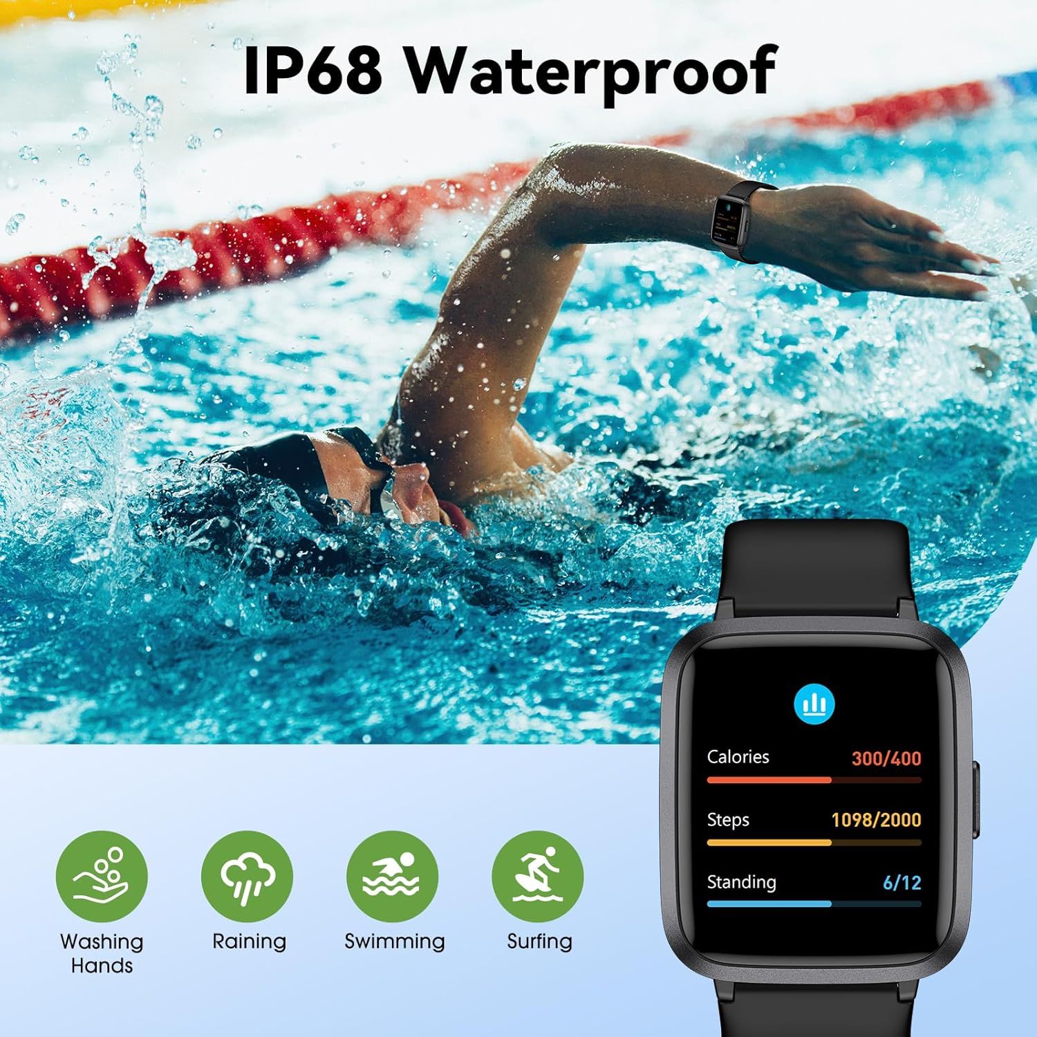 Communicates that the smartwatch is IP68 waterproof certified and safe to use in various water environments including swimming, surfing, rain, and handwashing, reassuring shoppers about durability…