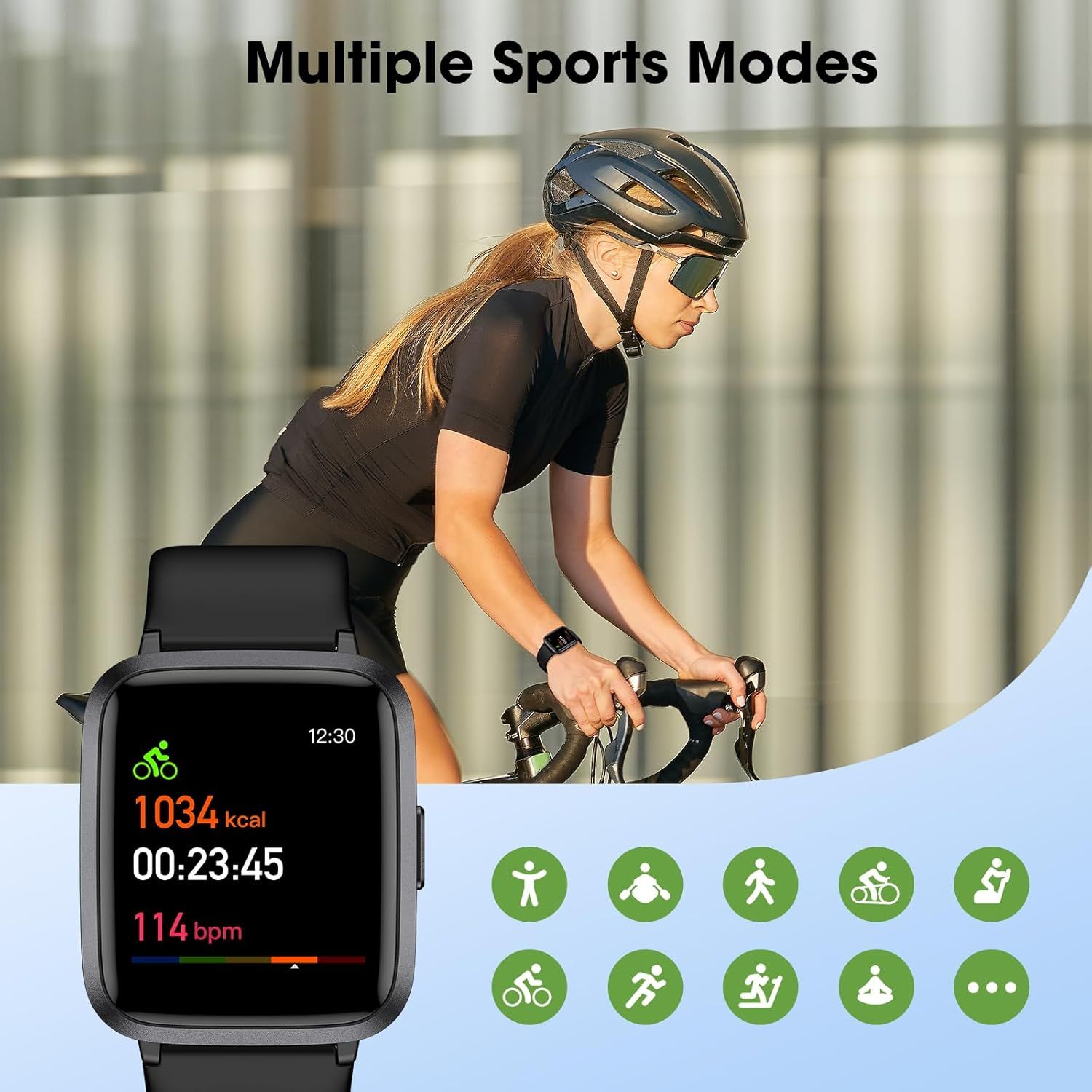 Demonstrates the smartwatch's versatility by showing it supports multiple sports and fitness activities, reassuring shoppers that it can track various workout types.