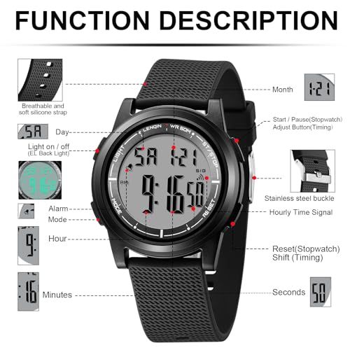 This image breaks down the digital watch by labeling all its physical components and functional features, helping shoppers understand what each button, display element, and strap feature does.