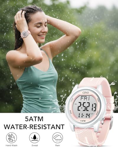 Communicates that the watch is water-resistant (5ATM rated) and can be worn during water activities, reassuring shoppers about its durability in wet conditions.