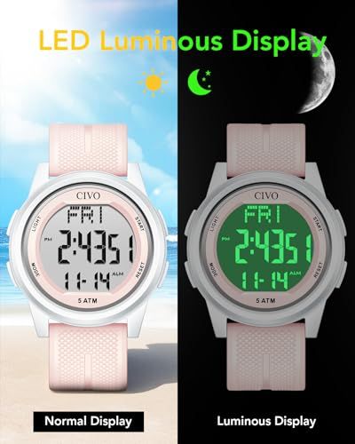 Demonstrates the watch's luminous display feature by showing a side-by-side comparison of normal and glow-in-the-dark modes, reassuring shoppers they can read the time in any lighting condition.