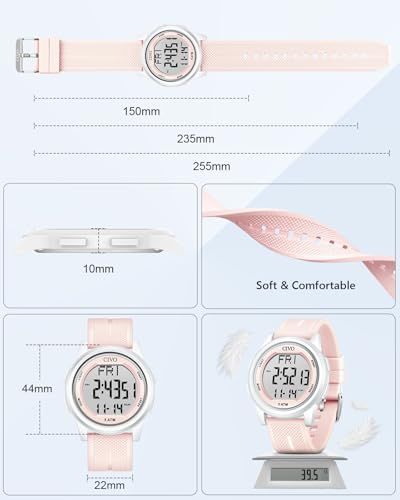 Provides detailed physical dimensions of the watch including strap length options (150mm, 235mm, 255mm), thickness (10mm), watch face size (44mm), and strap width (22mm) to help shoppers determine…