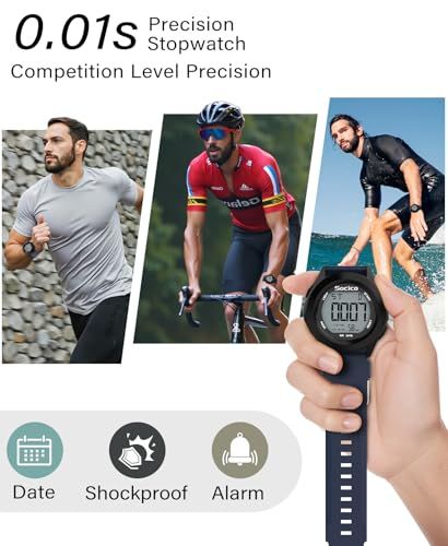 Communicates multiple key features of the stopwatch including precision timing, date function, shockproof durability, and alarm capability, while showing its use across different athletic activities.