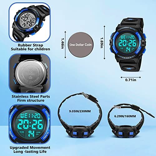 Communicates the physical size of the watch (height, width, and wrist circumference measurements) to help shoppers determine if it will fit properly, especially for children. Highlights multiple…